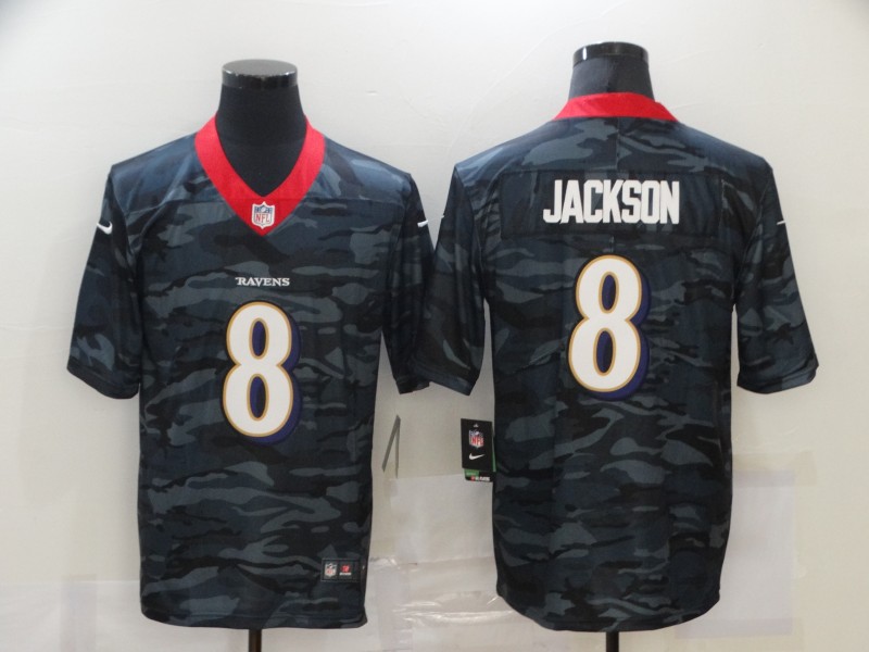 Men's Baltimore Ravens Lamar Jackson #8 Gray Camouflage Jersey